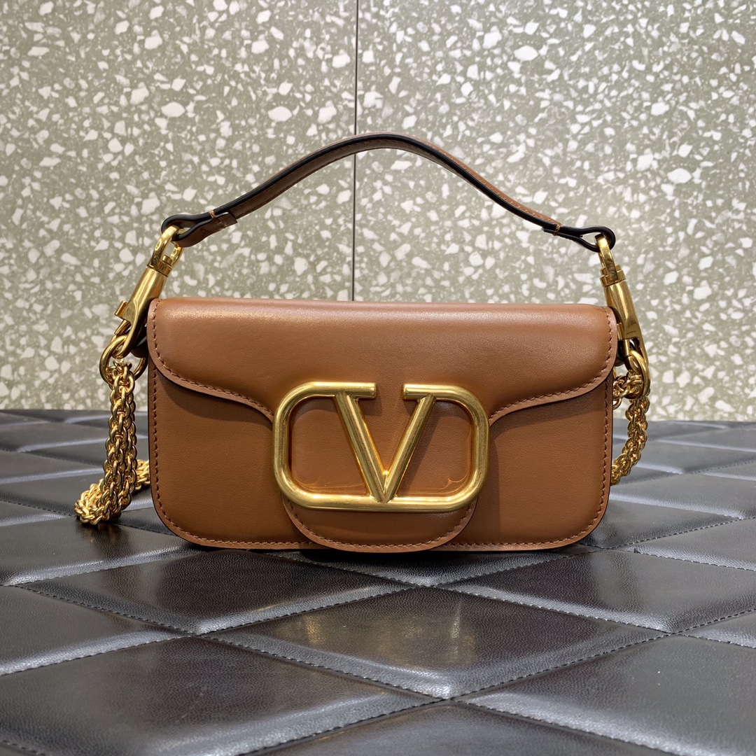 Valentino Garavani Loco Small Shoulder Bag in Brown Calfskin Leather